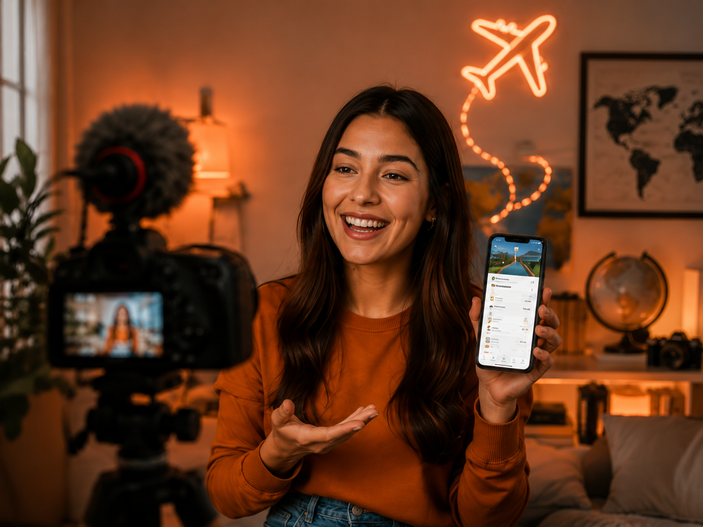 Criadora de conteúdo divulgando experiências turísticas pelo celular