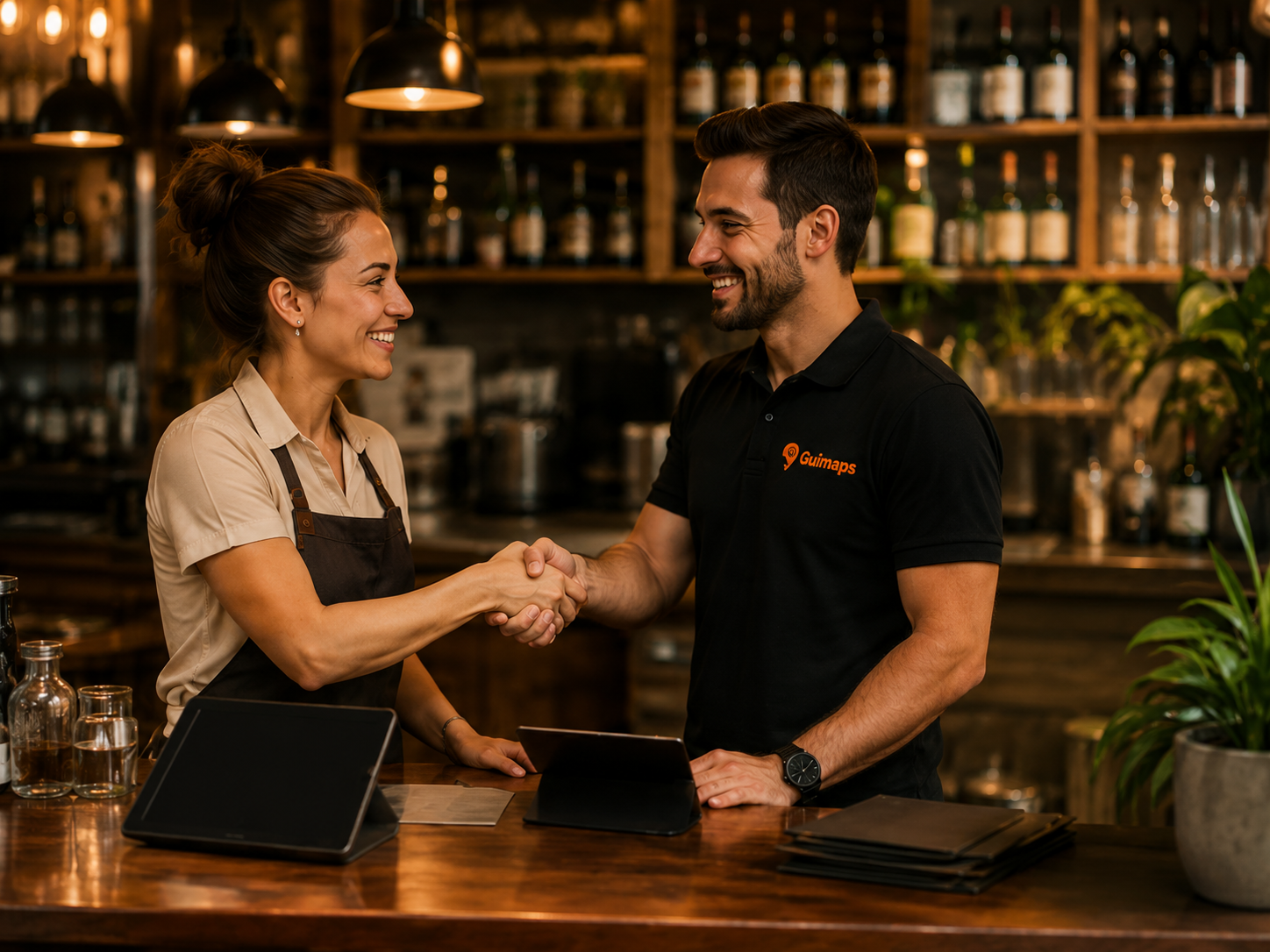 Representante da Guimaps fechando parceria com restaurante ou loja local