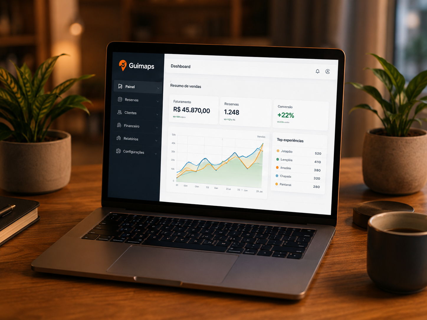 Notebook exibindo dashboard profissional de vendas e reservas